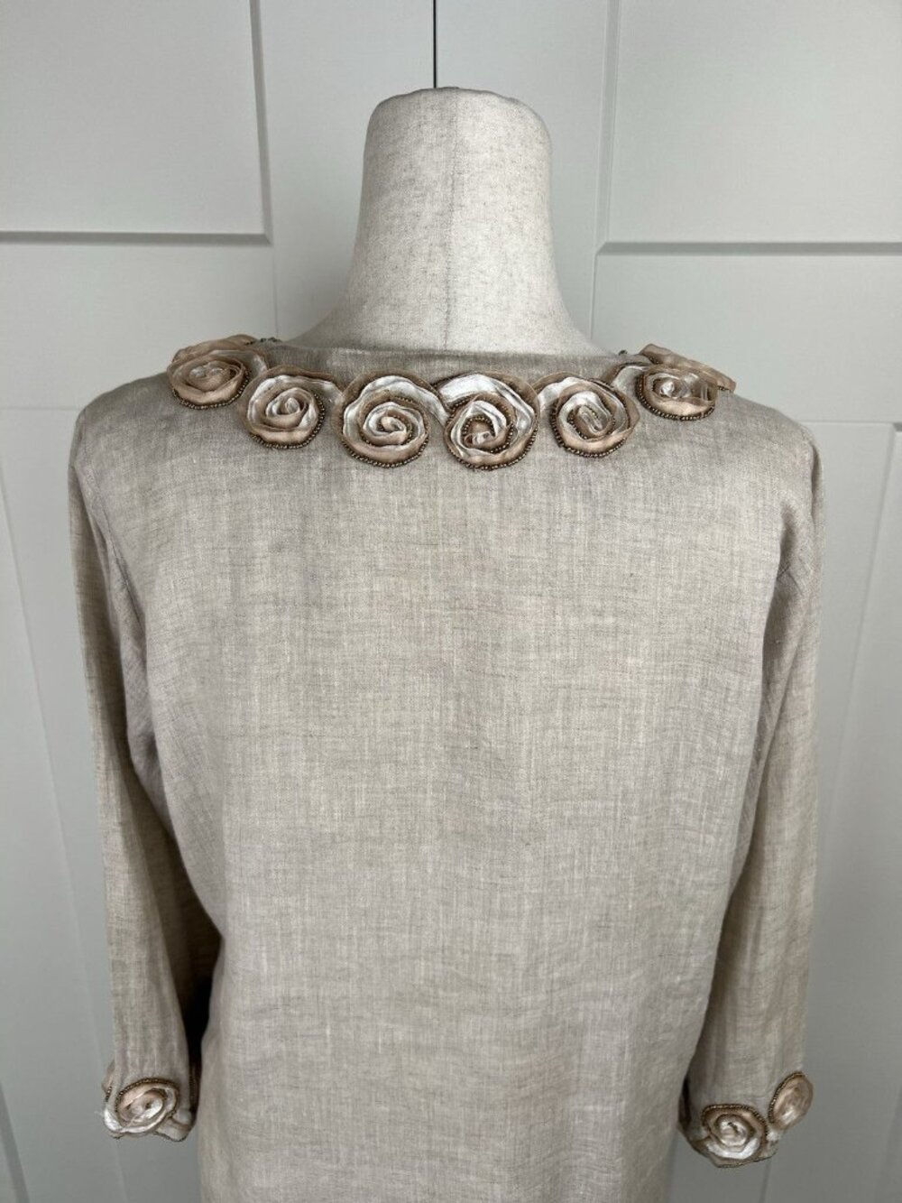 Key Lime & Pink Linen Tunic M Embellished Rosette Beaded Boho Top 3/4 Sleeve - Picture 6 of 11